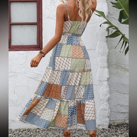 Boho Cottagecore Patchwork Floral Print Ruffle Hem Cami Dress - Picture 3 of 6